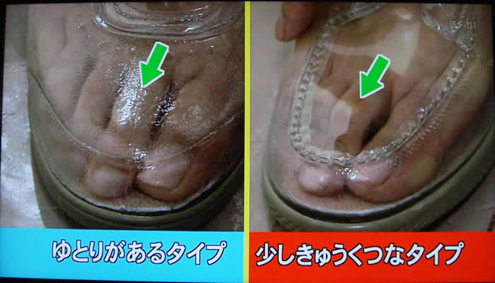 (番組キャプチャ)透明な2足の靴に足を入れ、ゆとりがある様子と窮屈な様子を見せる