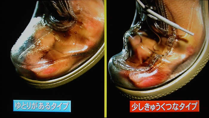 (番組キャプチャ)ハイスピードカメラで、透明な靴のゆとりがある指の動きと窮屈な指の動きを見せる